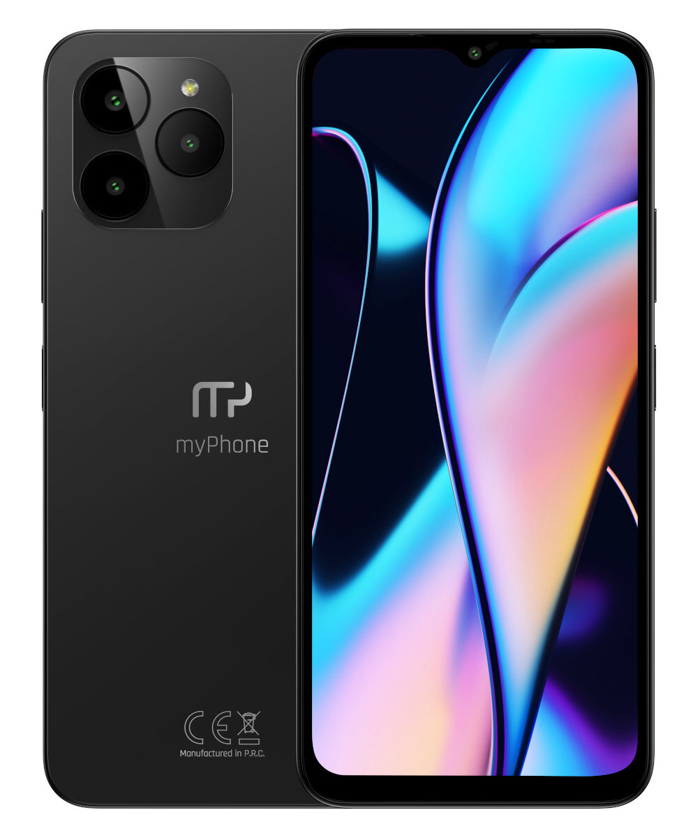 Czarny smartfon myPhone z potrójnym aparatem i kolorowym abstrakcyjnym tłem.