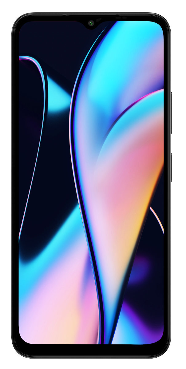 Smartfon z ciemnym ekranem wyświetlającym kolorowy, abstrakcyjny wzór.