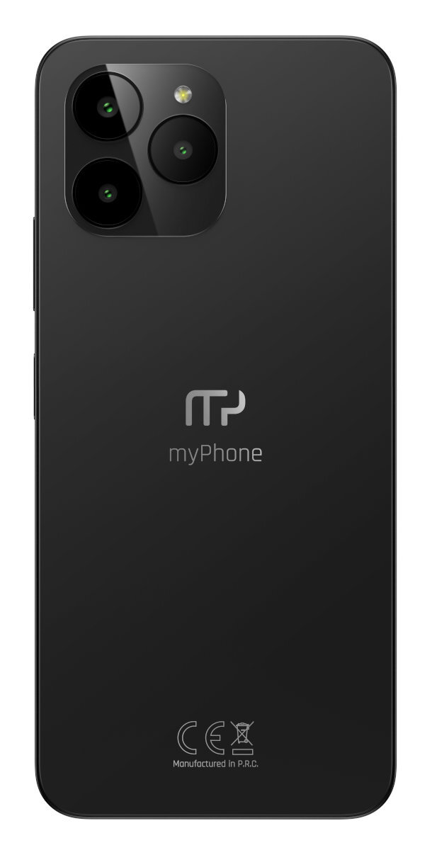 Czarny smartfon myPhone, widok z tyłu. Ma potrójny aparat i logo.