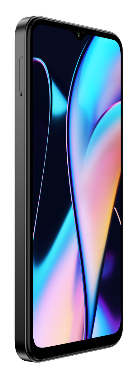 Czarny smartfon, widok z boku, pod kątem, z abstrakcyjnymi kolorami na ekranie.