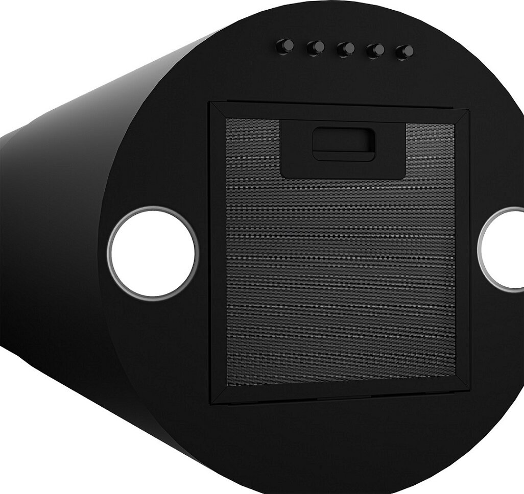 Czarny, cylindryczny okap kuchenny ze światłami i filtrem siatkowym.