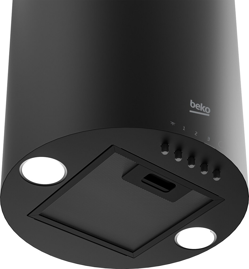 Czarny okap z oświetleniem i elementami sterującymi. Cylindryczny kształt z prostokątnym filtrem.