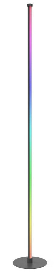 Wysoka, czarna, wielokolorowa lampa podłogowa LED. Światło to gradient kolorów.