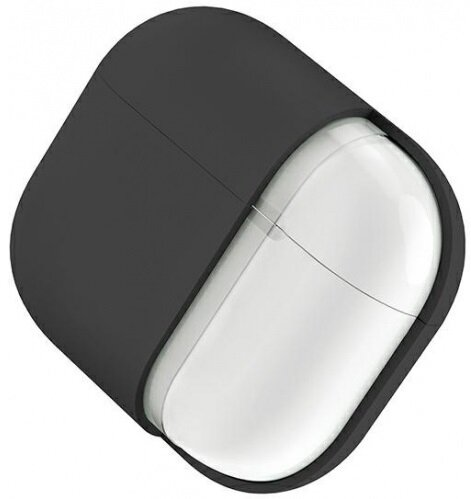 Czarne etui wokół białych słuchawek. Etui jest pod kątem.