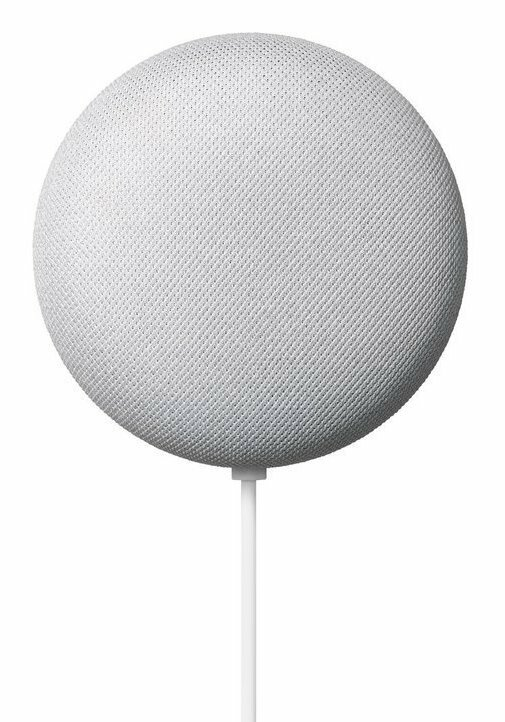 Biały głośnik inteligentny Google Nest Mini na białym stojaku, okrągły kształt.