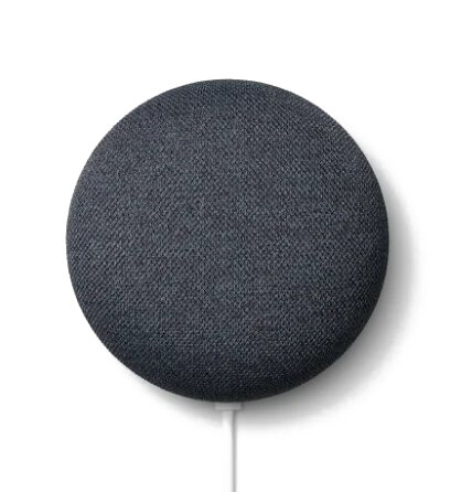 Ciemnoszary głośnik Google Nest Mini. To okrągłe urządzenie pokryte tkaniną z białym przewodem zasilającym.