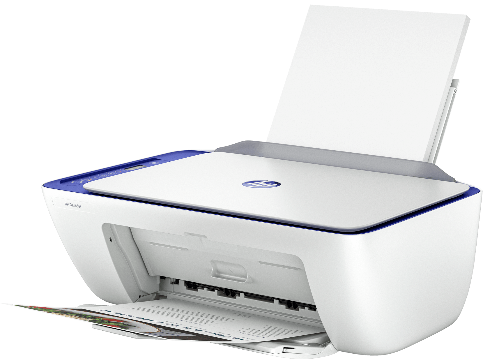 Impresora HP DeskJet blanca y azul con papel en las bandejas de salida y entrada.