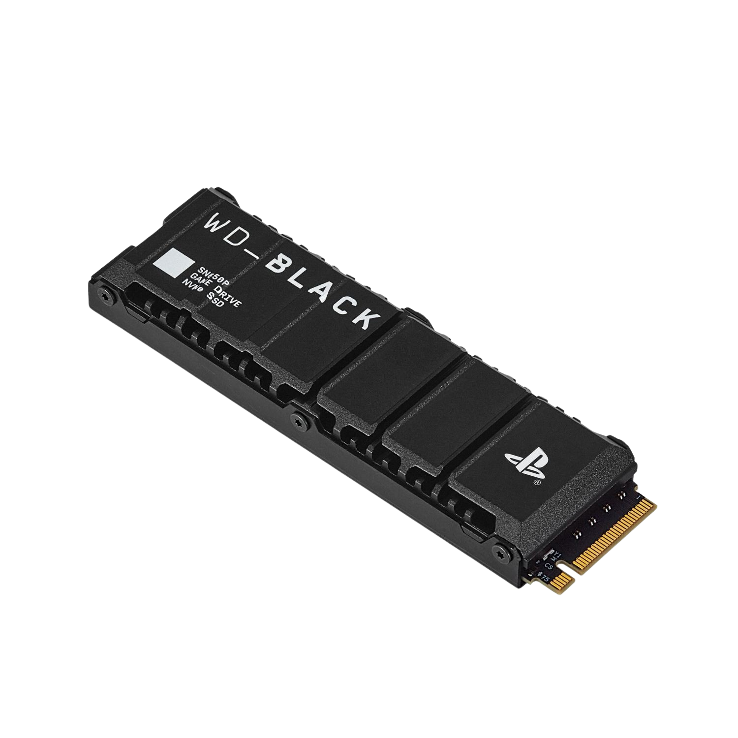 WD_BLACK NVMe SSD. Zwart, rechthoekig, met 'WD_BLACK'-tekst en een PlayStation-logo.