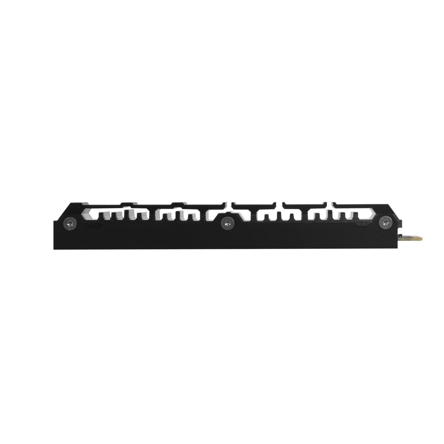 Zwart metalen component met uitsparingen en schroeven. Zijaanzicht, witte achtergrond.