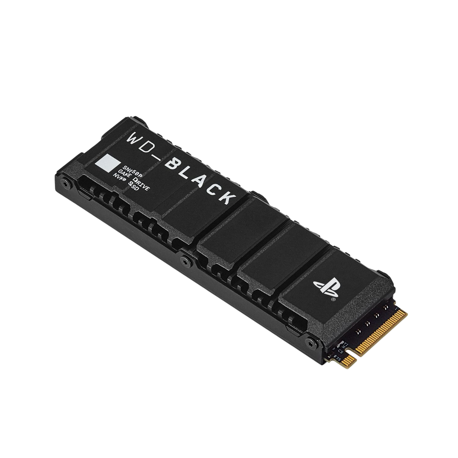 Een zwarte WD_BLACK SN850 Game Drive SSD. Het heeft een zwarte behuizing en gouden connectoren.