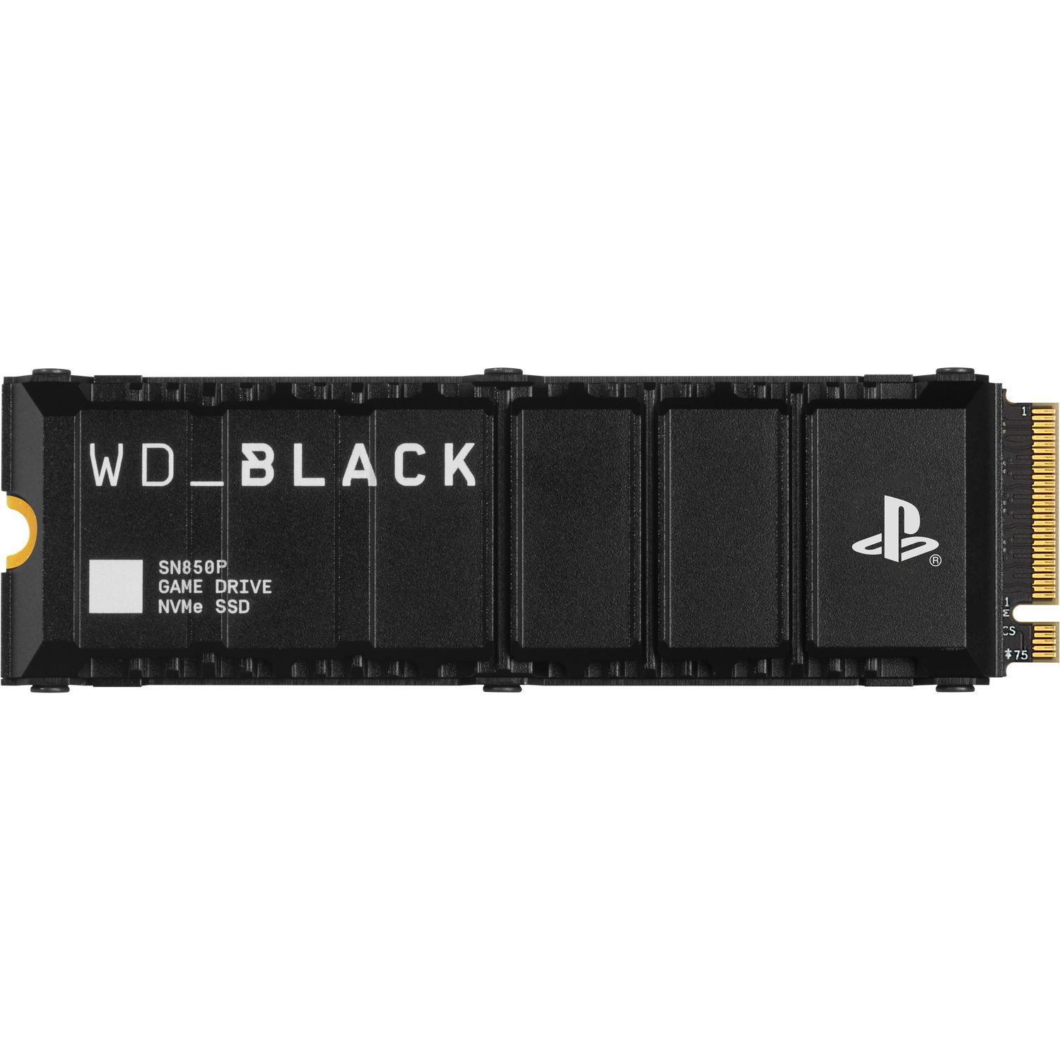Zwarte WD_BLACK NVMe SSD. PlayStation-logo aanwezig. Witte achtergrond.