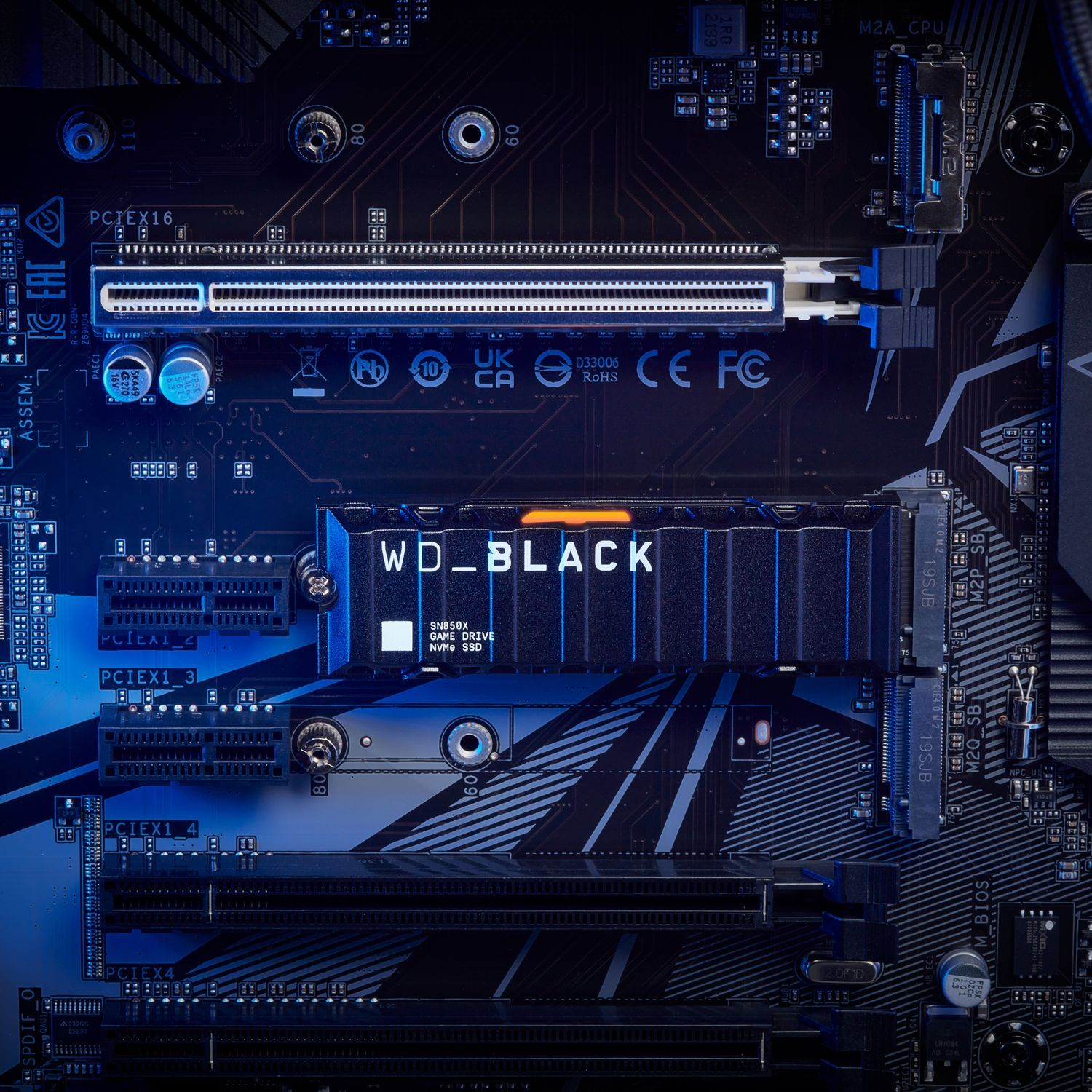 Een computer moederbord met een WD_BLACK NVMe SSD geïnstalleerd, verlicht met blauw licht.