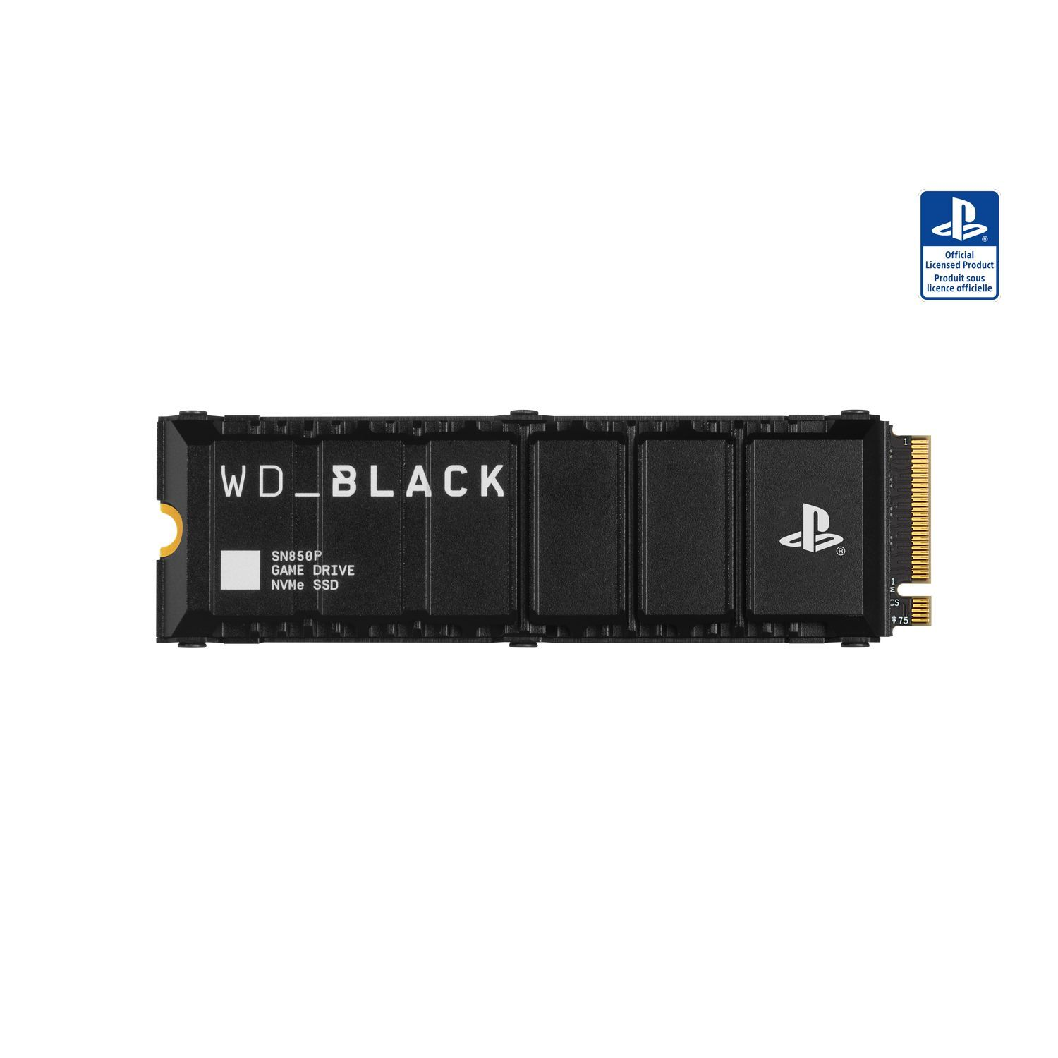 Een zwarte WD_BLACK SN850P NVMe SSD met het PlayStation-logo en tekst.