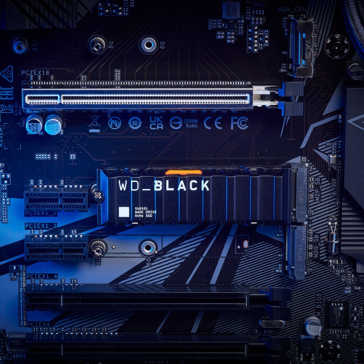 Een close-up van een moederbord met een WD_BLACK SSD geïnstalleerd. De afbeelding heeft een donkere, blauwe esthetiek.