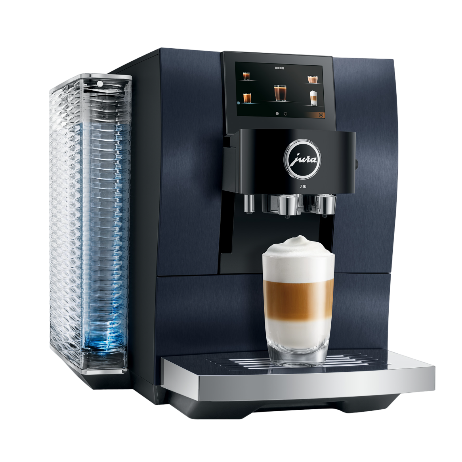 A dark blue Jura Z10 coffee machine with a latte glass. It has a touch screen.