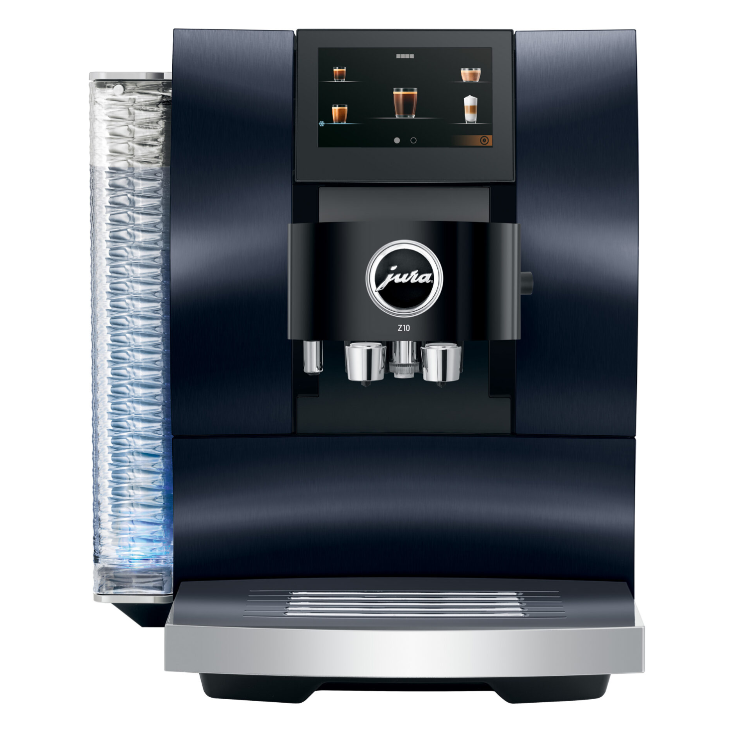 A black and blue Jura coffee machine. A cup dispenser is on the left.