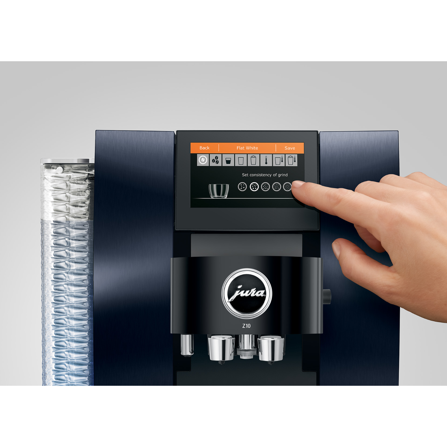 A hand touches a coffee machine's touchscreen. The screen displays buttons and images.