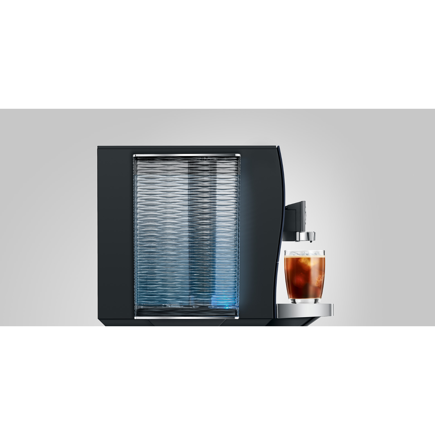 A black coffee machine with a glass container and a cup of iced coffee.