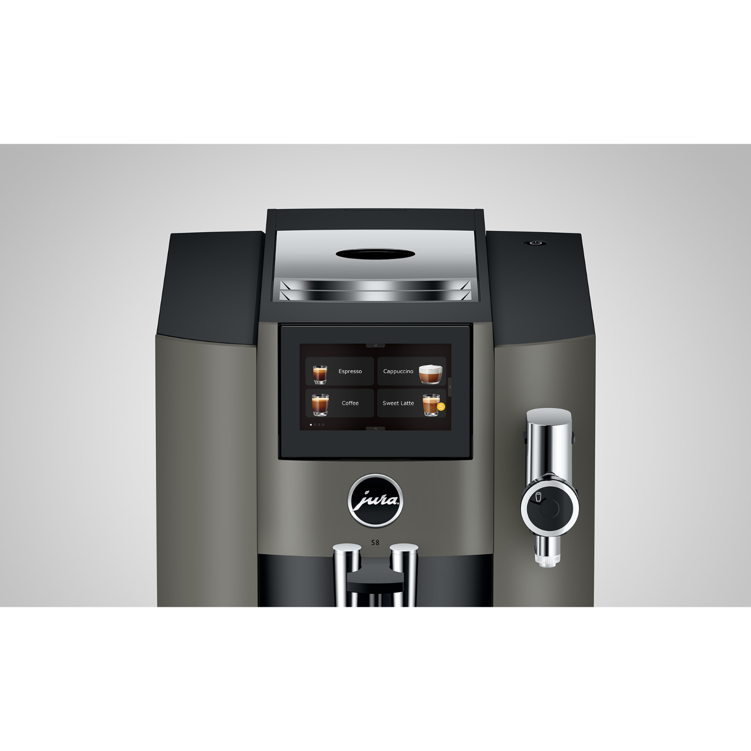 A Jura coffee machine with touch screen display. It shows various coffee options.