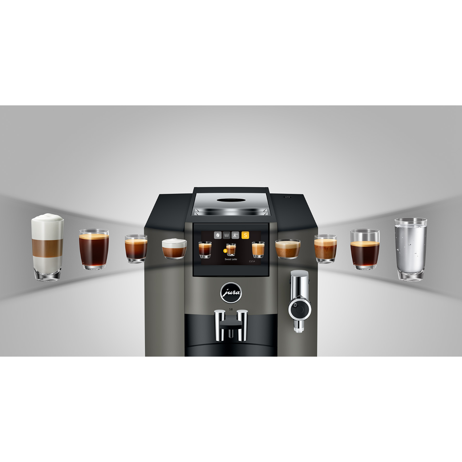 A coffee machine with various drinks. Several glasses of coffee are visible.