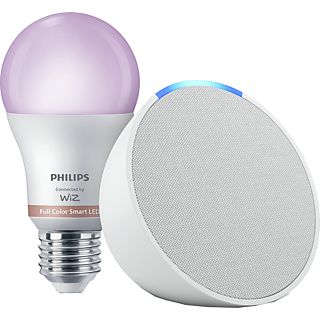 Pack de Echo Pop Altavoz inteligente con Alexa, Blanco + Bombilla inteligente Philips Smart LED, 8,5 W (Eq. 60 W) A60 E27, Luz Blanca y Colores