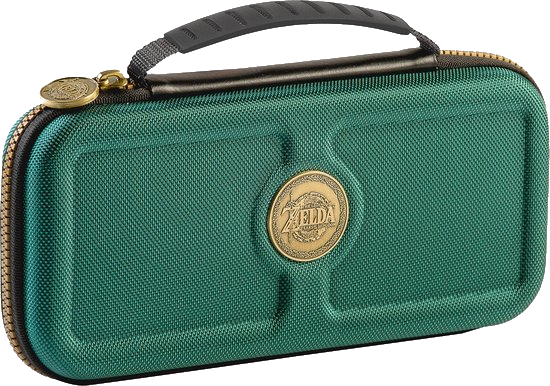 Groene Zelda Switch-hoes met gouden accenten en een gouden embleem.
