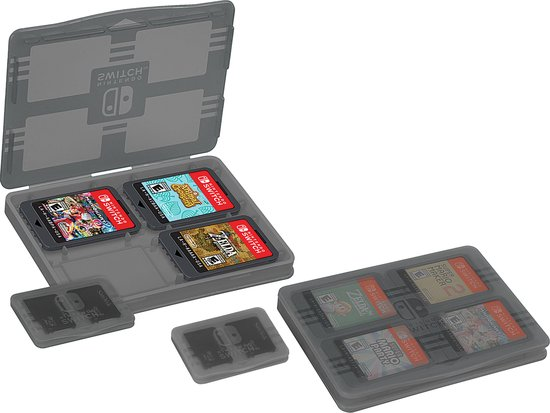 Grijze Nintendo Switch gamecartridge-hoes met verschillende gamecartridges erin.