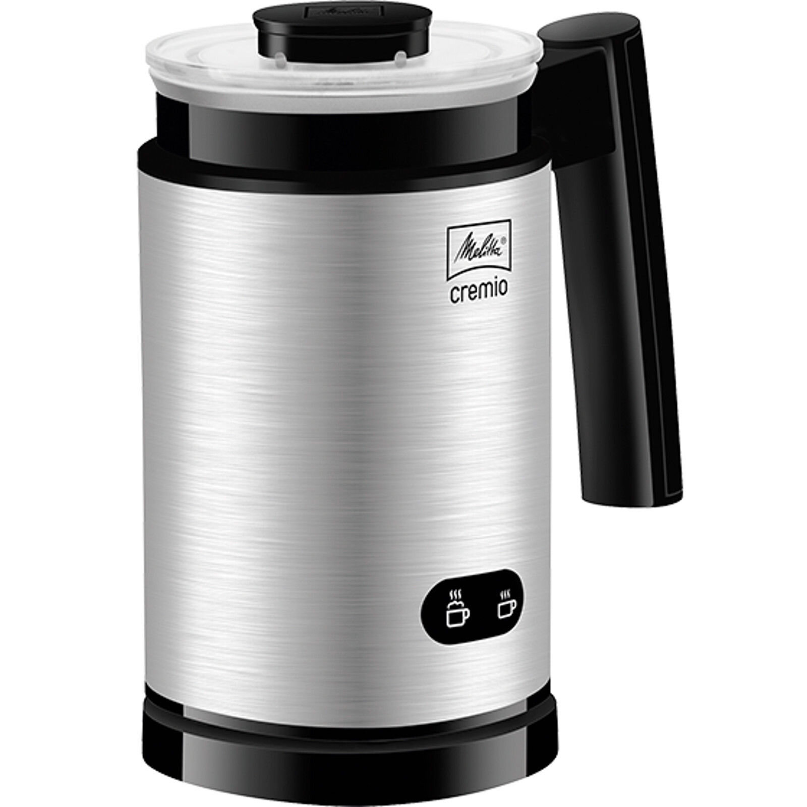 Srebrny spieniacz do mleka z czarnym uchwytem, czarną podstawą i przezroczystą pokrywą. Białe tło.