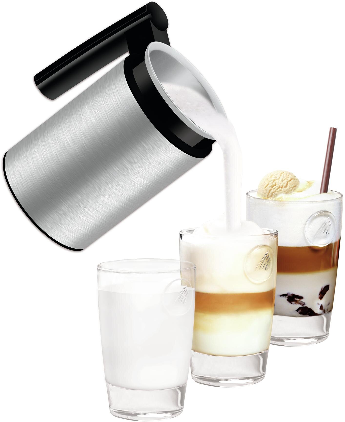 Spieniacz do mleka nalewający mleko do różnych szklanek z napojami kawowymi.