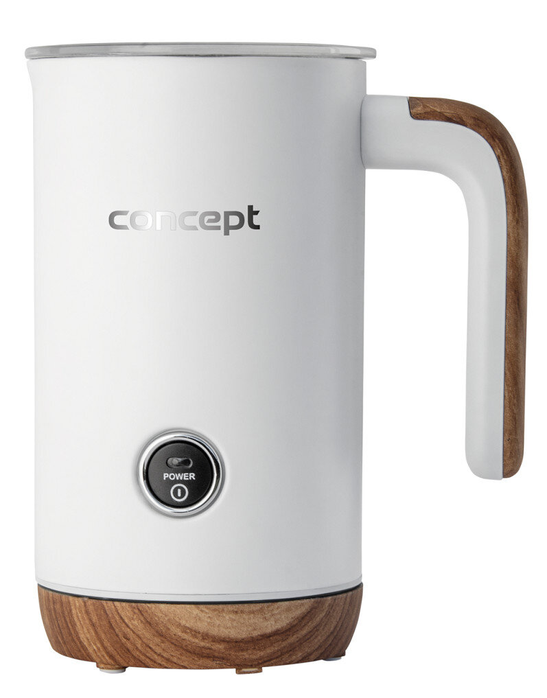 Biały elektryczny spieniacz do mleka z drewnianym uchwytem i podstawą, z przyciskiem zasilania.