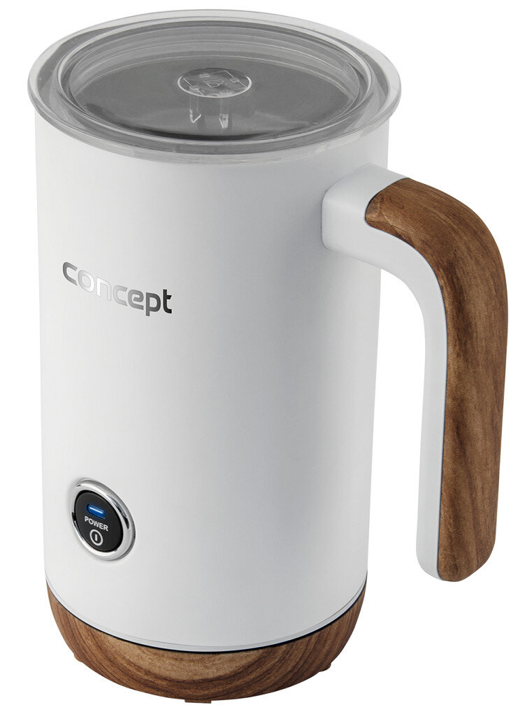 Biały spieniacz do mleka z drewnianym uchwytem i podstawą, z przezroczystą pokrywką.