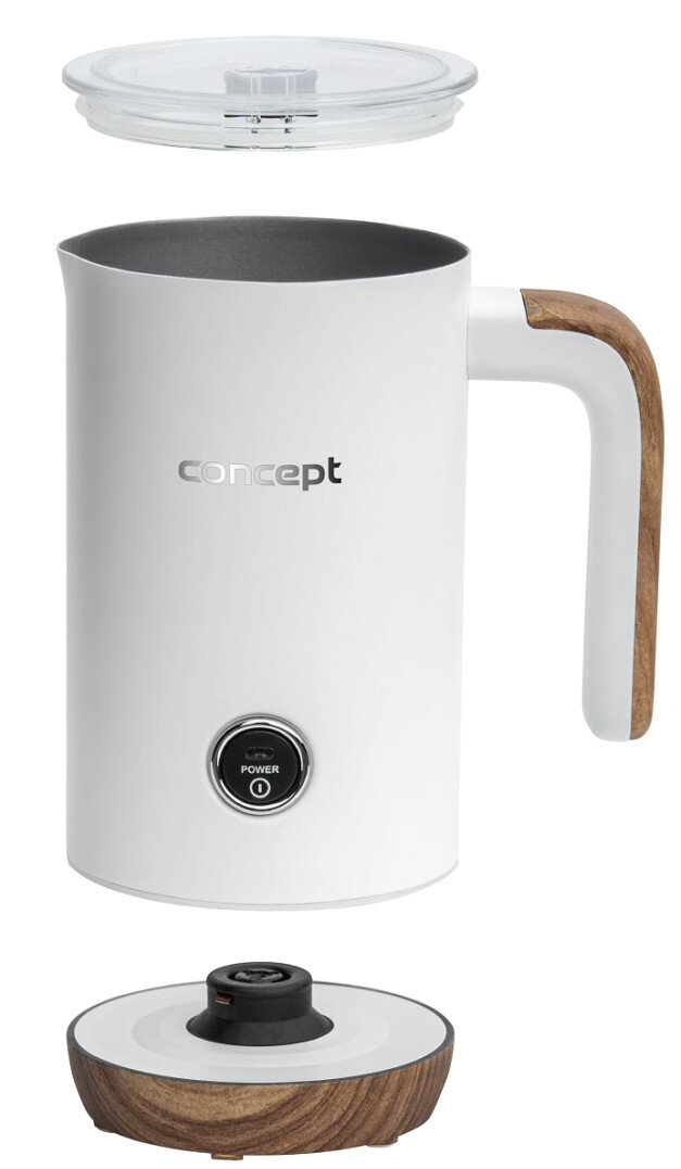 Biały spieniacz do mleka, zdemontowany, z drewnianym uchwytem i podstawą.