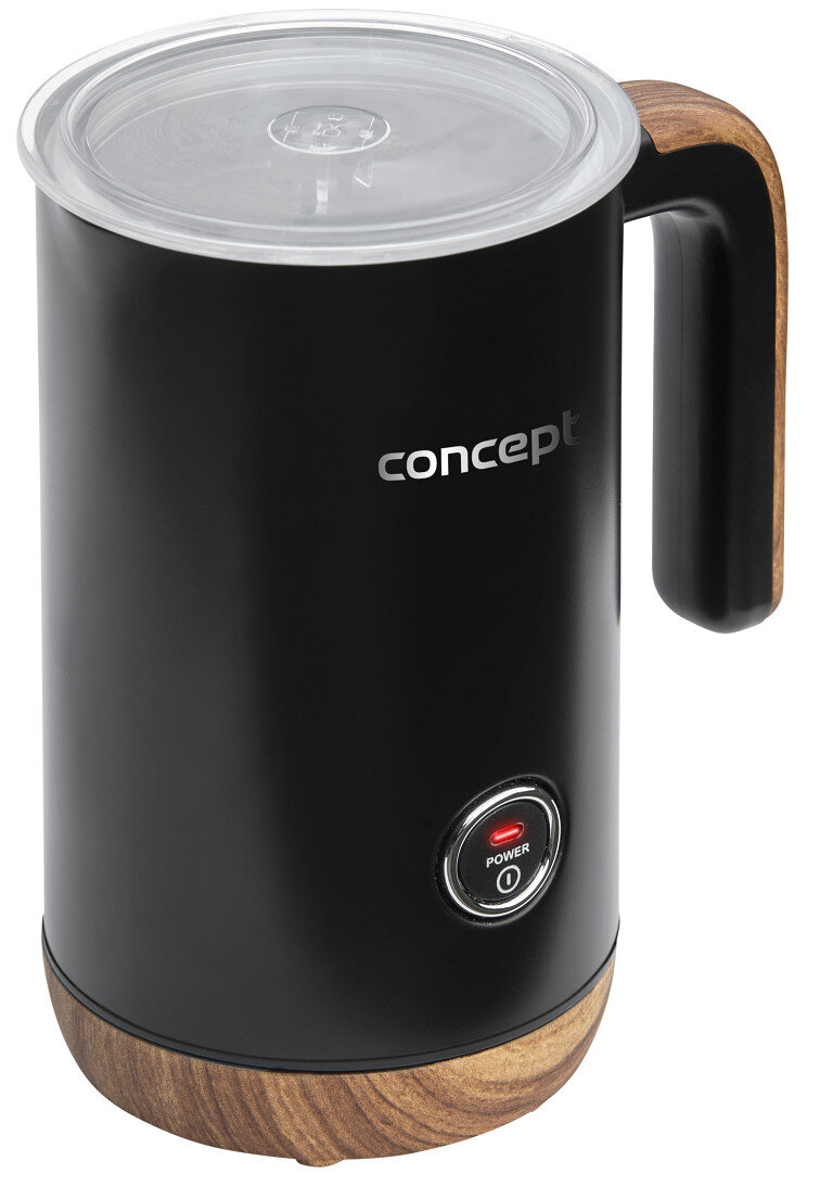Czarny spieniacz do mleka. Marka Concept, drewniana podstawa i uchwyt. Przycisk zasilania i czerwone światło.