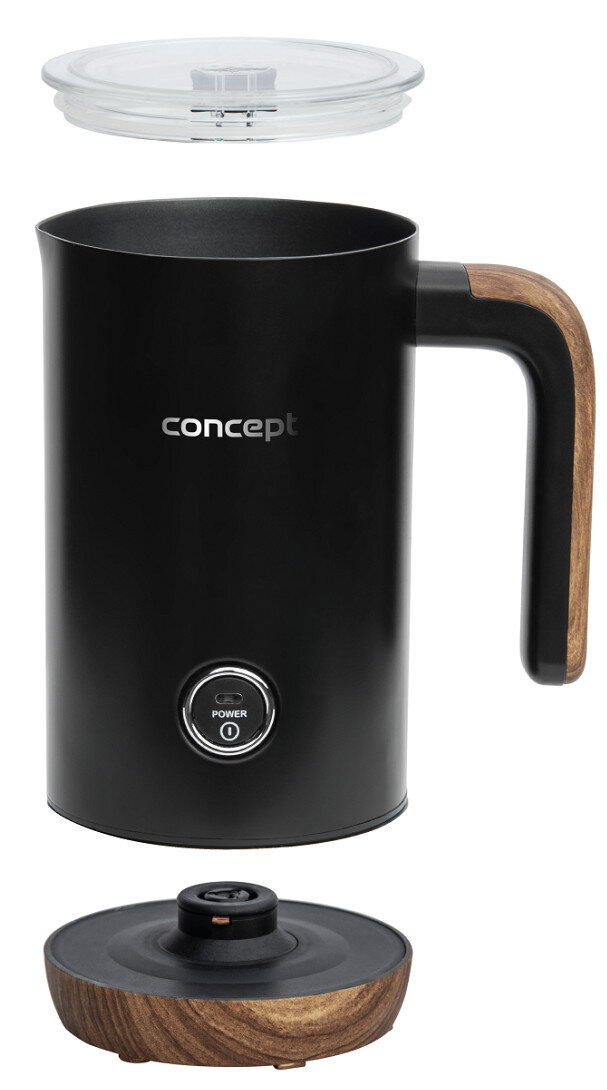 Czarny spieniacz do mleka z drewnianym uchwytem i podstawą, elementy rozdzielone. Białe tło.