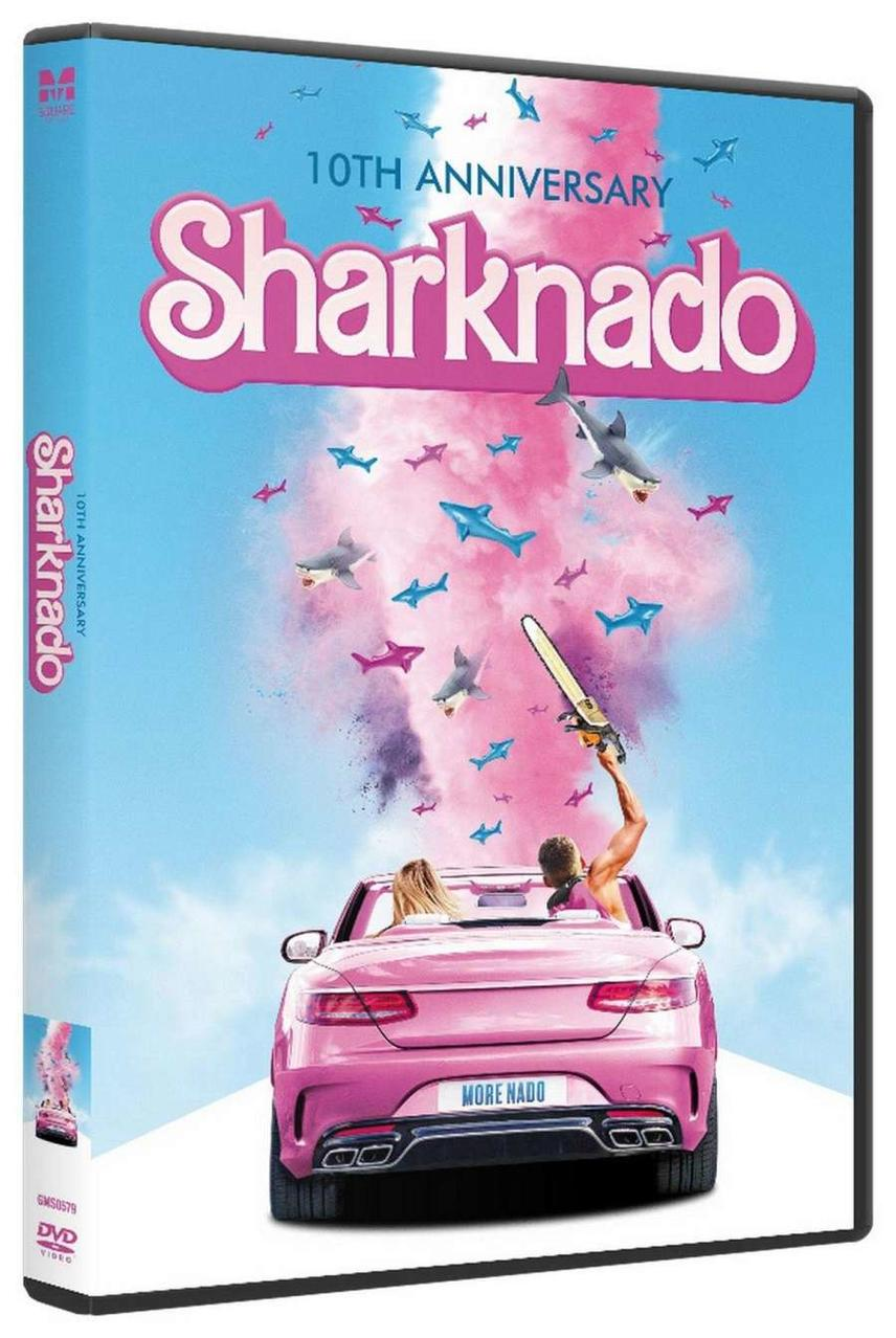 DVD-Cover: Sharknado-Film mit pinkfarbenem Auto und Haien in rosa Wolken.