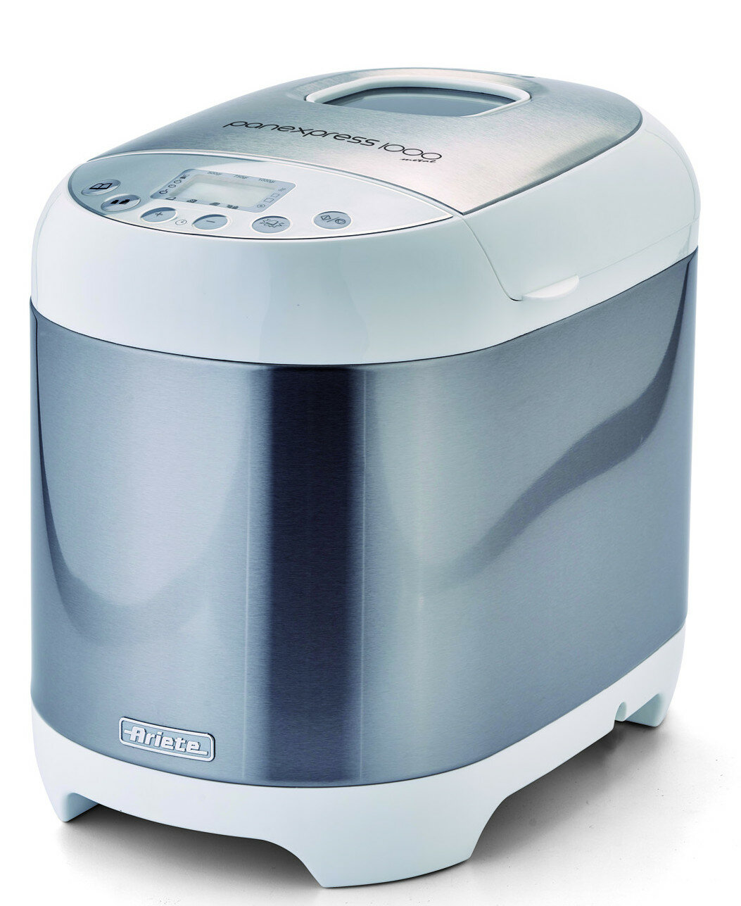 Srebrno-biała maszyna do pieczenia chleba, z wyświetlaczem cyfrowym i marką Ariete.