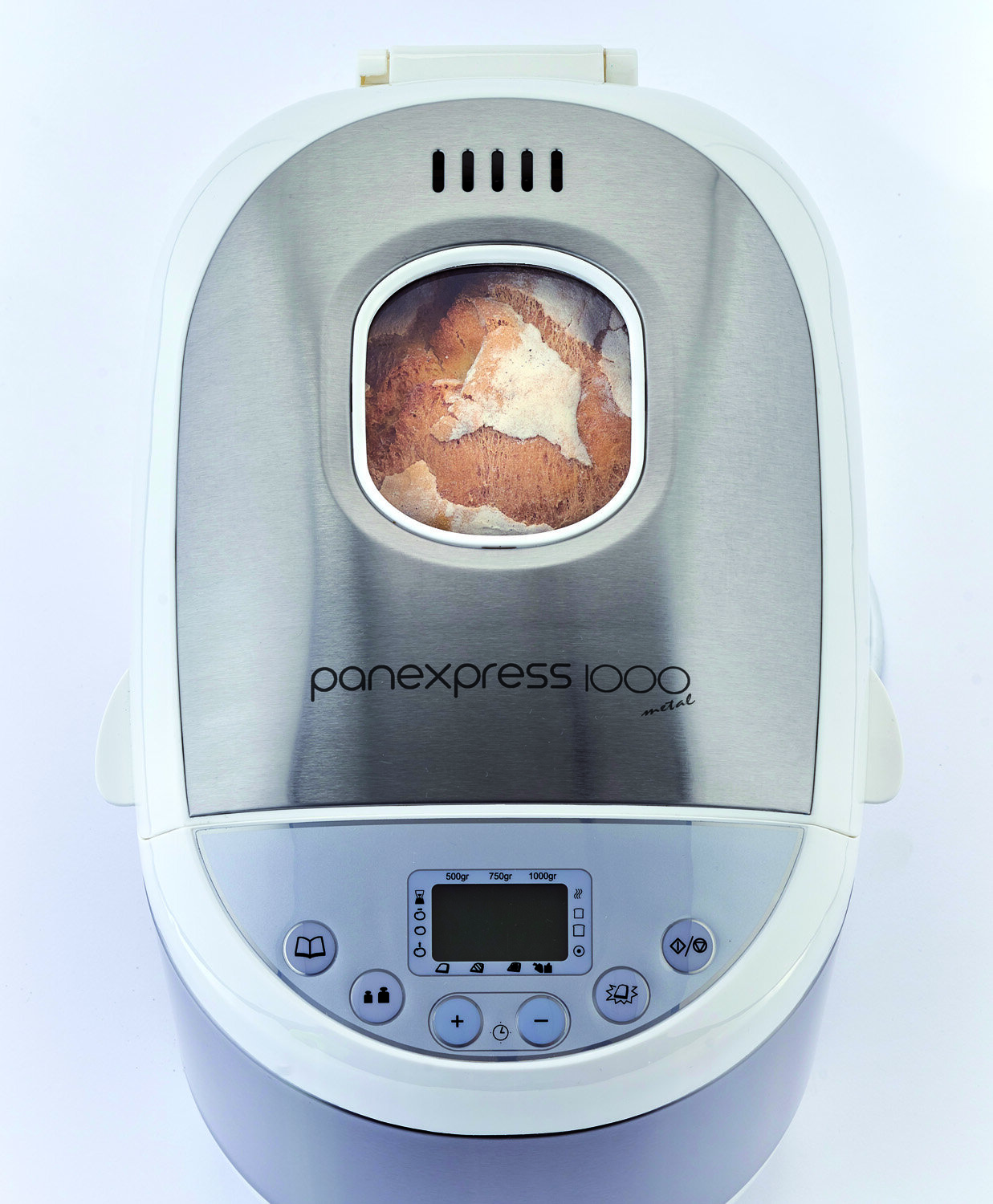 Maszyna do pieczenia chleba ze stali nierdzewnej i oknem pokazującym chleb.