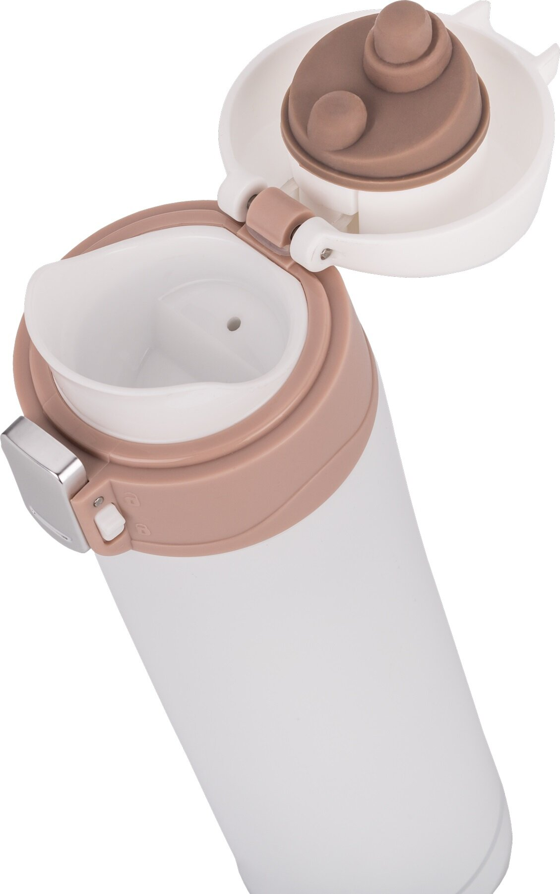 Biała i beżowa butelka termiczna na wodę, otwarta z widocznym dzióbkiem do picia.