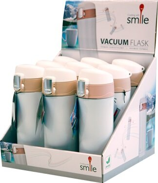 Wyświetlacz termosów w kartonie, z tłem górskim.