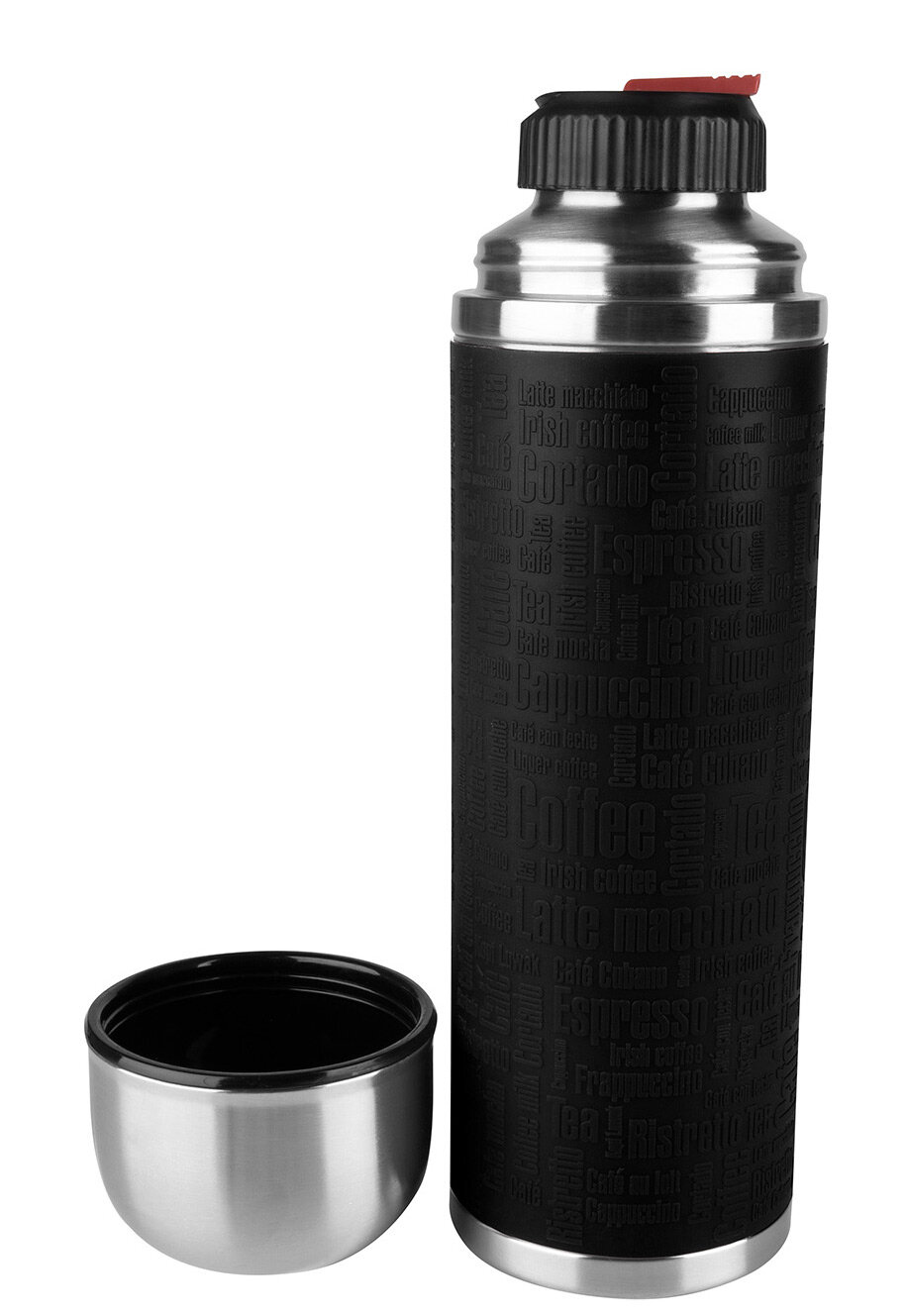 Czarny termos z motywem kawy, otwarty, z pokrywką obok.