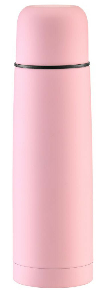 Różowa butelka izolowana z czarnym pierścieniem wokół góry. Butelka jest prosta i gładka.