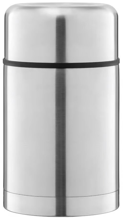 Stalowy pojemnik na żywność z czarnym paskiem na górze.