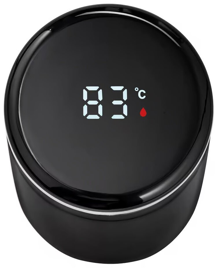 Czarna inteligentna butelka na wodę z cyfrowym wyświetlaczem pokazującym 83°C i ikonę kropli.