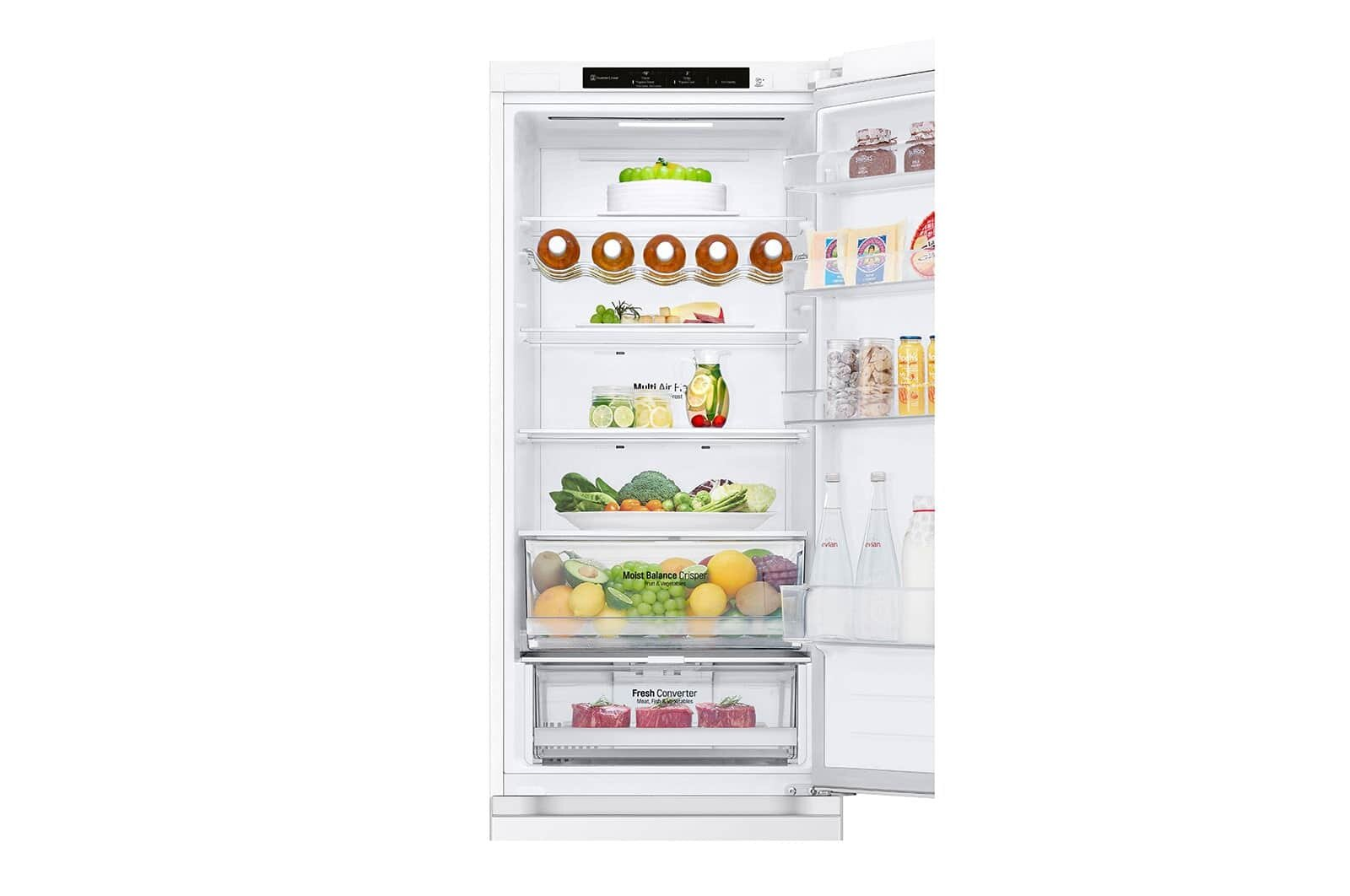 Otwarta biała lodówka LG. Zawiera półki z jedzeniem i warzywami. Białe wnętrze.
