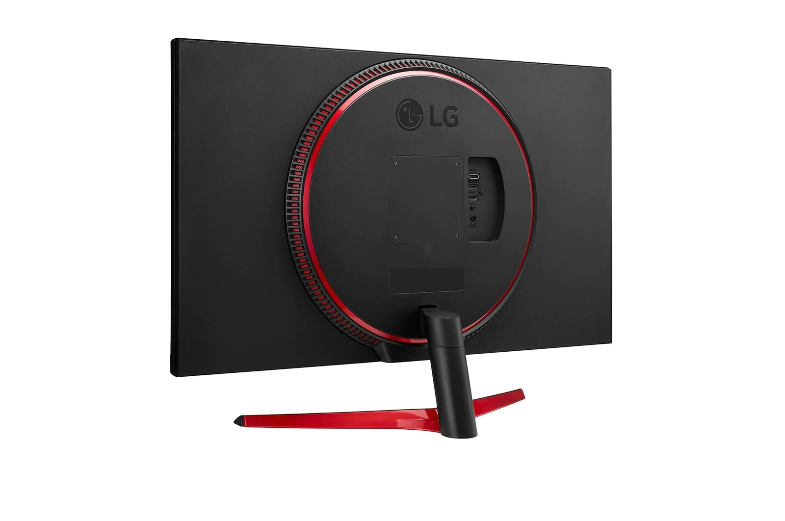 Monitor LG, czarny tył z czerwonymi akcentami, białe tło.