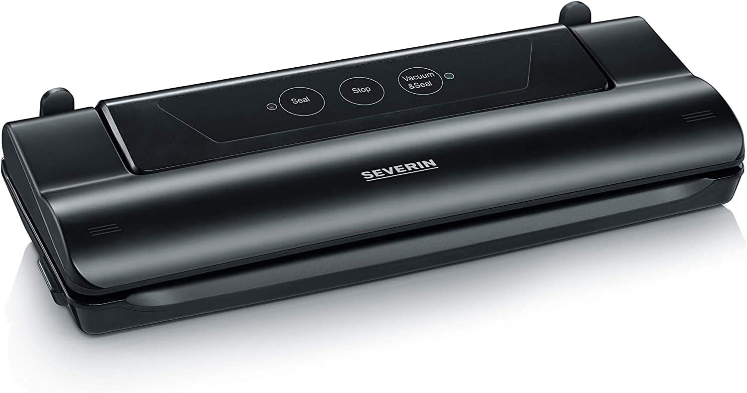 Czarna zgrzewarka próżniowa z trzema przyciskami, a na przodzie nadrukowana jest nazwa marki 'SEVERIN'.