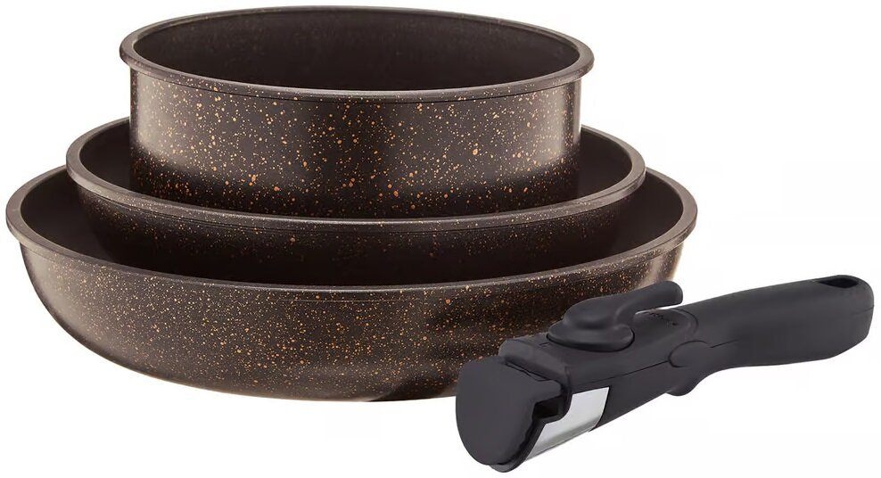 Trzy czarne patelnie z odłączanym uchwytem. Patelnie mają złote plamki. Uchwyt jest czarny ze srebrem.