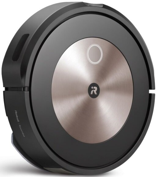 Czarny robot sprzątający Roomba. Okrągły kształt z centralnym przyciskiem i srebrnym wierzchem.