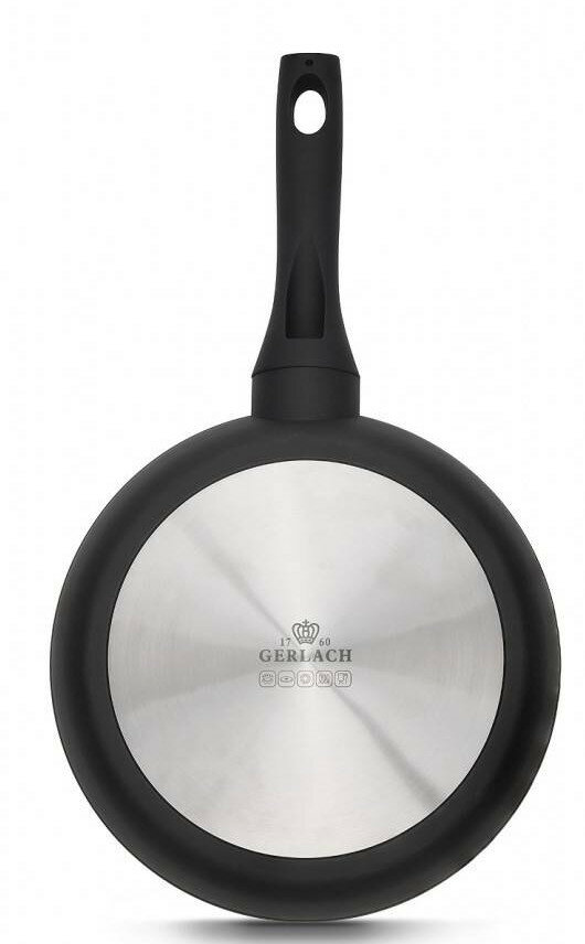 Spód czarnej patelni ze srebrnym środkiem. Białe tło.