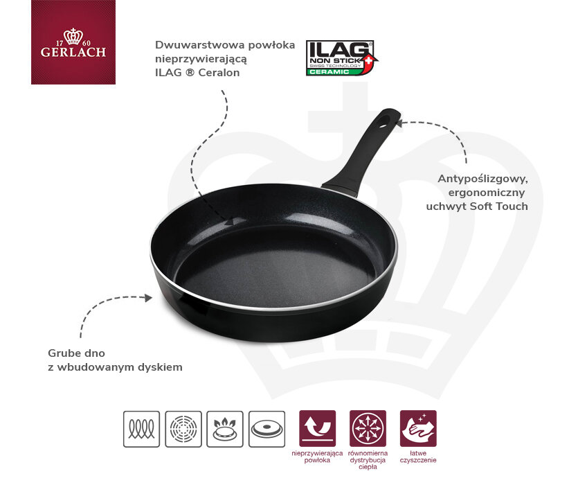 Czarna patelnia z czarnym uchwytem. Białe tło z tekstem i symbolami.